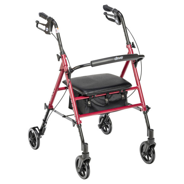 Red and black walker with a seat on a white background