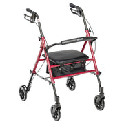 Red and black walker with a seat on a white background