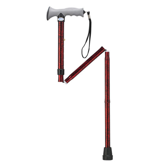Red walking cane with gray handle on a white background