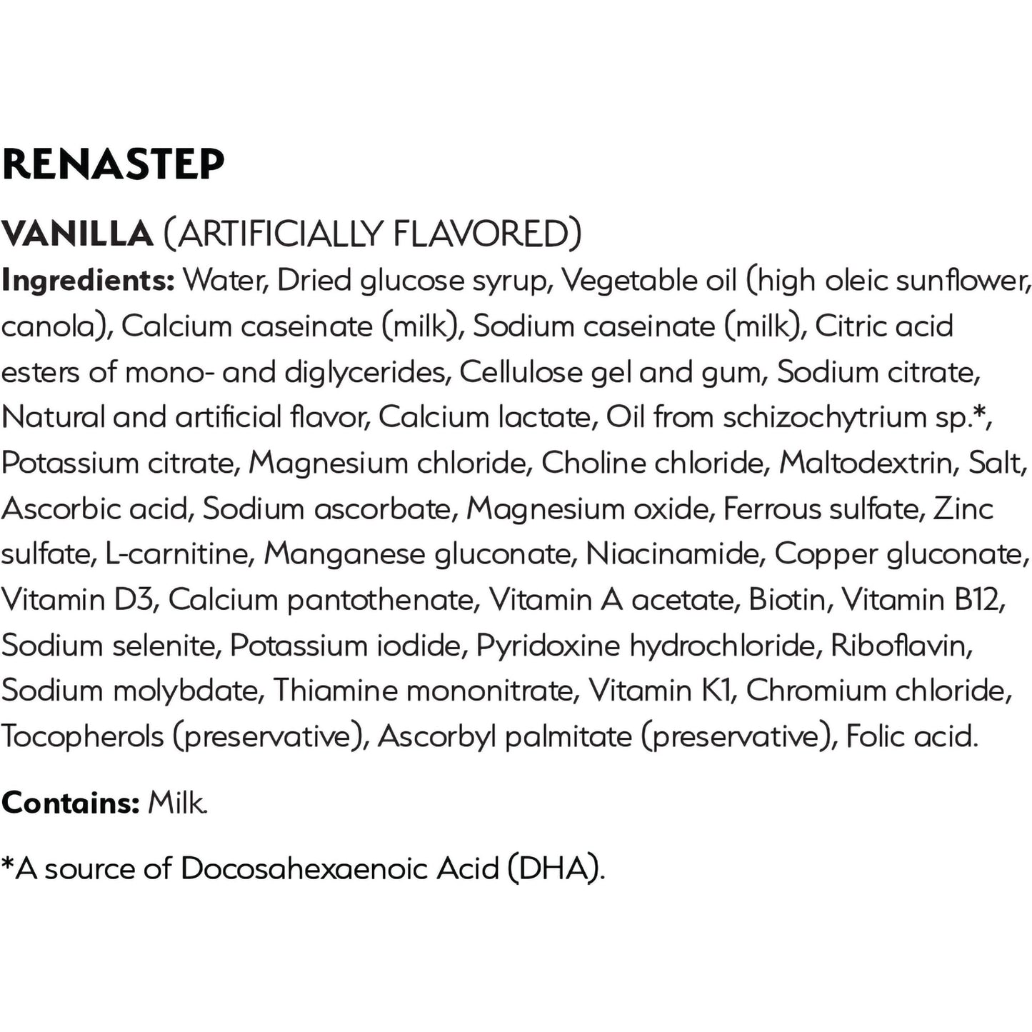 Ingredients list for a vanilla-flavored product on a white background