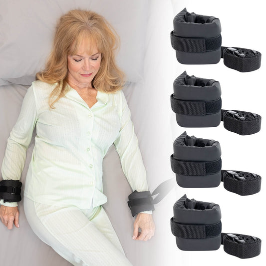 Woman sitting on a couch with arm and leg weights, surrounded by additional weights on a white background.