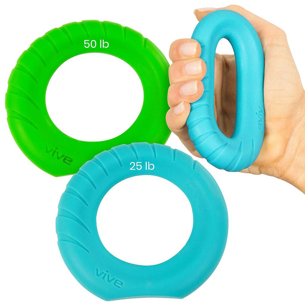 Two exercise rings, one green and one blue, with weights displayed on a white background.