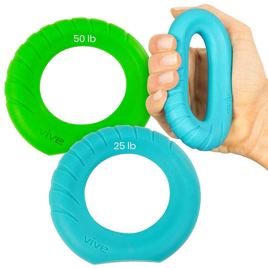 Two exercise rings, one green and one blue, with weights displayed on a white background.