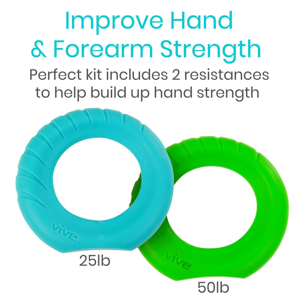 Two resistance rings, one blue and one green, with text about improving hand and forearm strength.