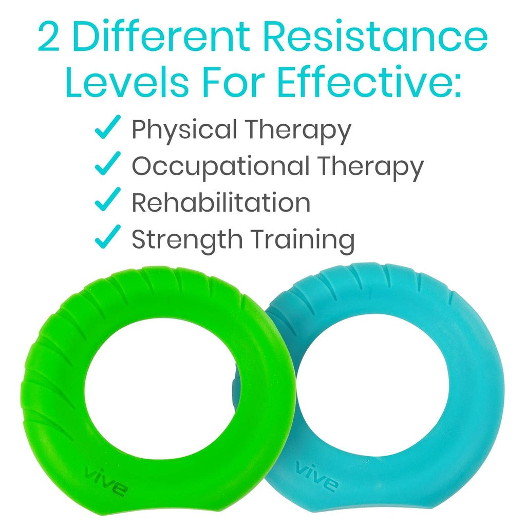 Two resistance rings, one green and one blue, with text indicating their uses in therapy and training.