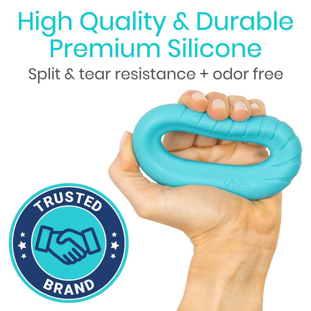 Hand holding a blue silicone ring with text about high-quality and durable premium silicone.