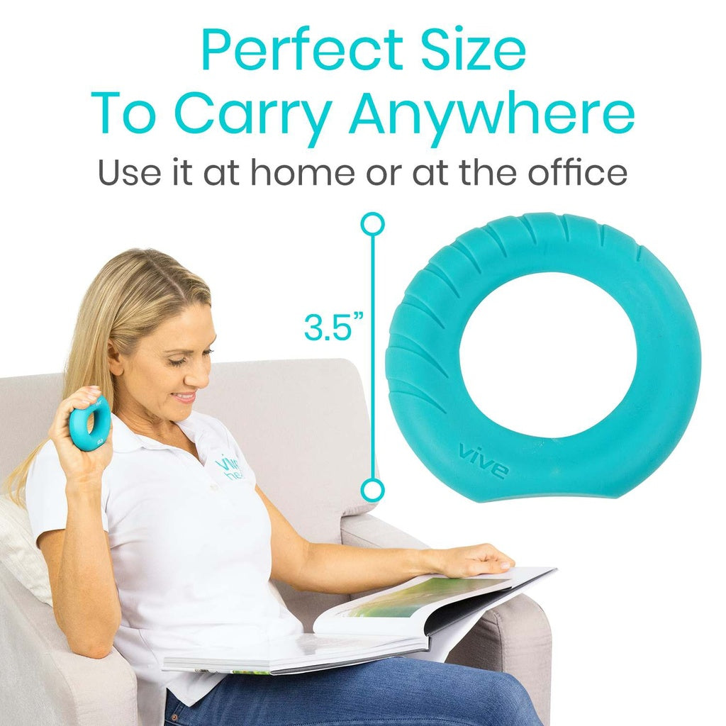 Woman sitting on a couch holding a magazine with a blue ring and text about its size and portability.