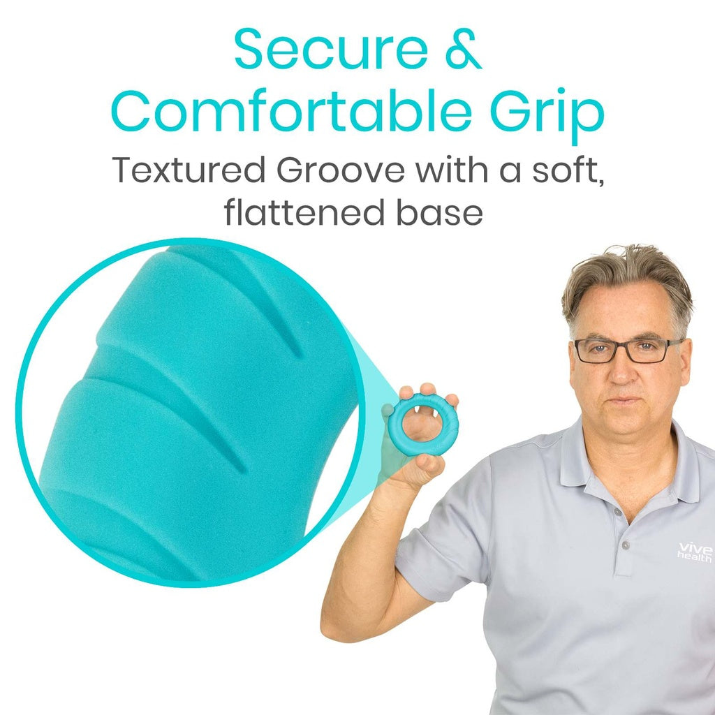 Teal textured object with a man holding it, labeled 'Secure & Comfortable Grip' on a white background.