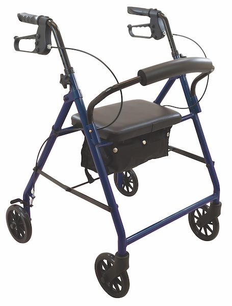 Blue walker with wheels and a seat on a white background