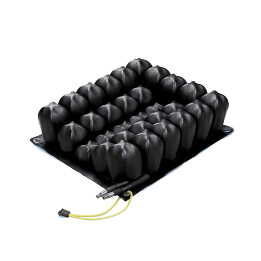 Black rubber mat with textured surface and electrical connection on a white background