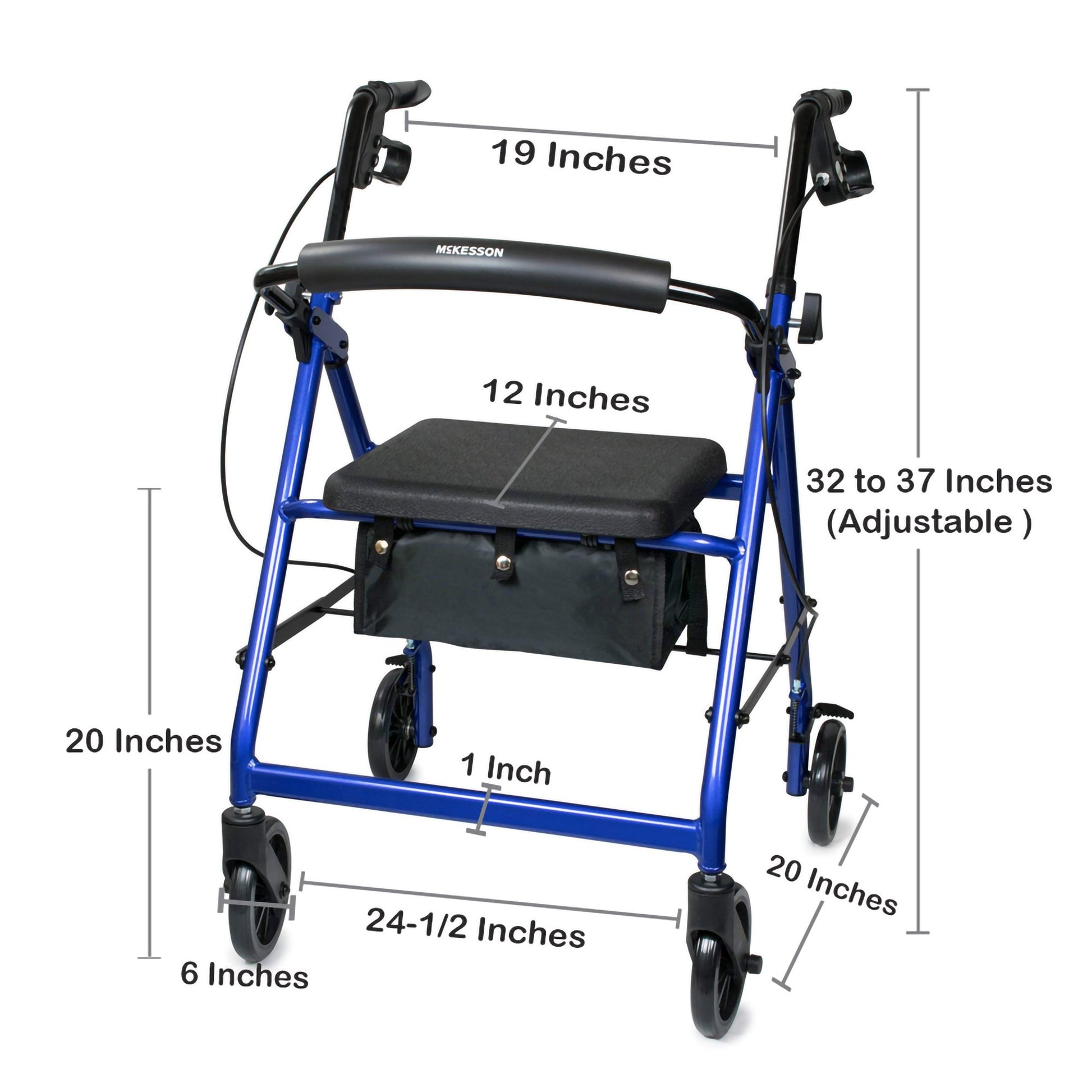 Blue walker with measurements labeled on a white background