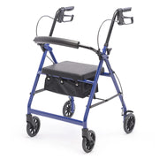 Blue rollator with a black seat on a white background