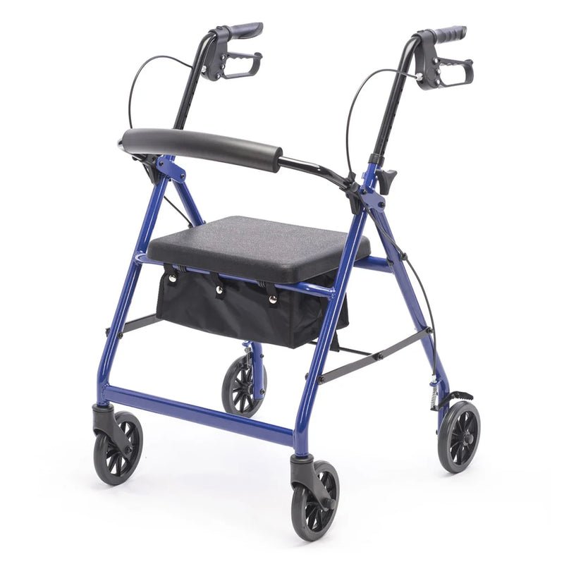 Blue rollator with a black seat on a white background