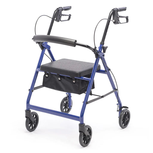 Blue rollator with a black seat on a white background