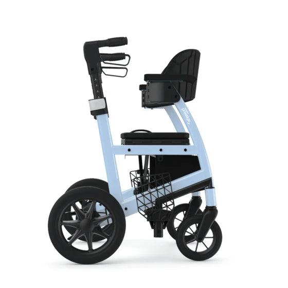 Light blue walker with black seat and basket on a white background