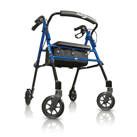 Blue and black walker with a bag on a white background