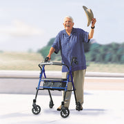 Man using a walker outdoors with a blurred background