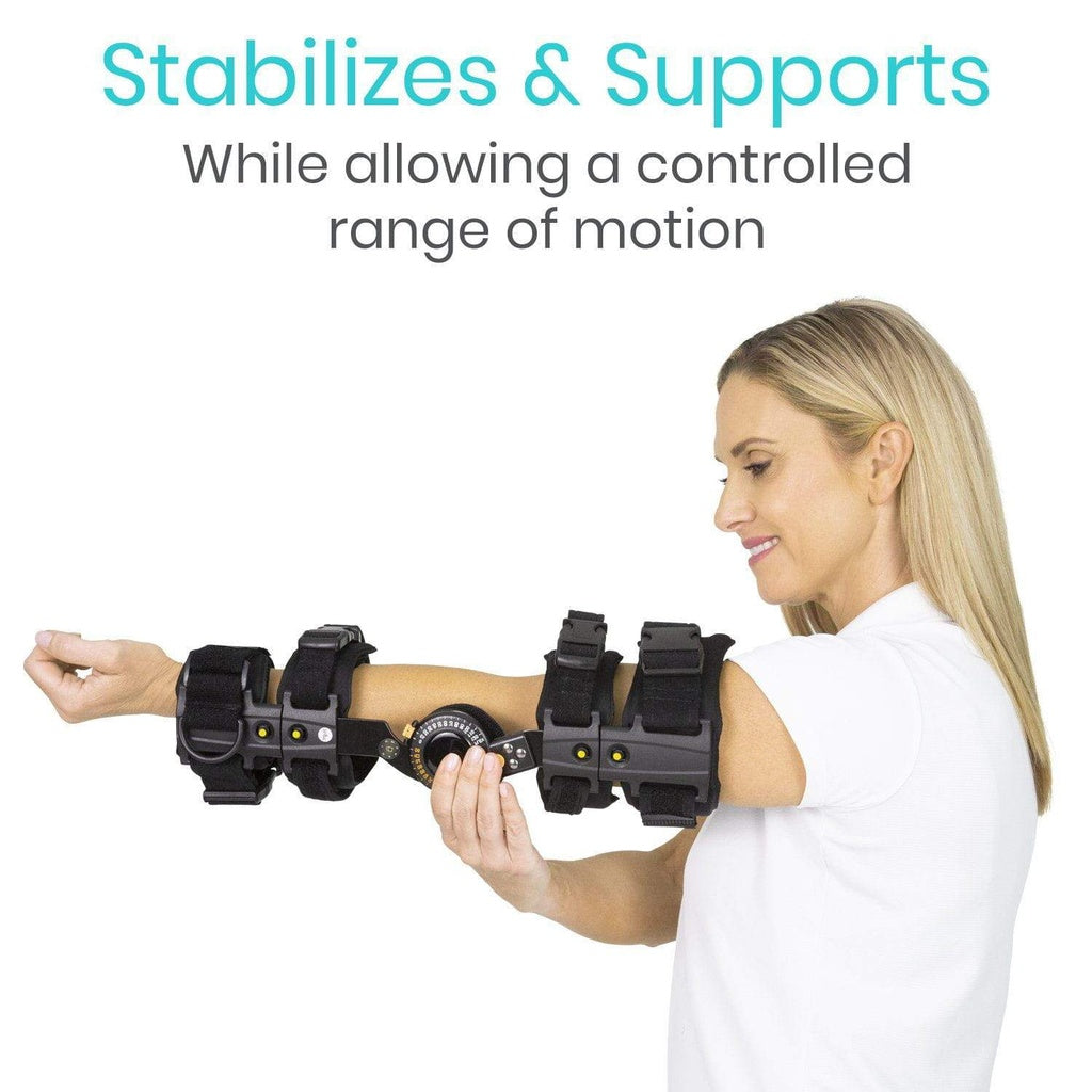 Woman wearing a black arm brace with text 'Stabilizes & Supports While allowing a controlled range of motion' on a white background.