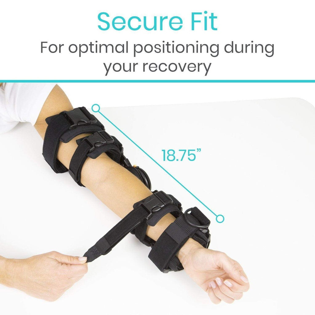 Black arm brace with measurement details on a white background