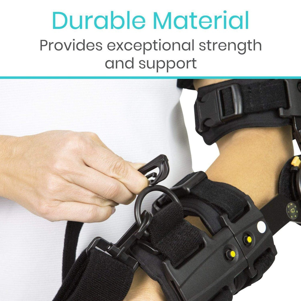 Person adjusting a black brace with text about durable material strength and support.