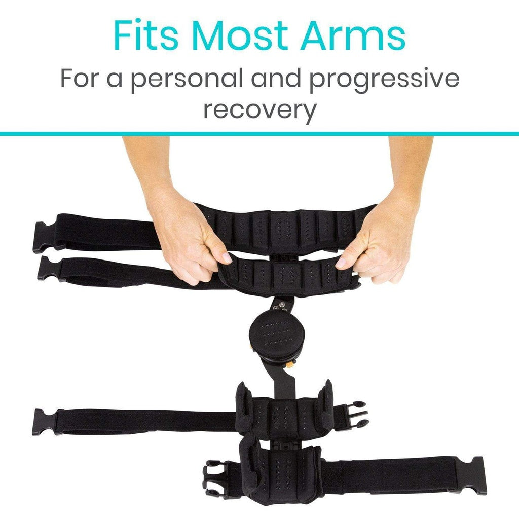 Black arm support brace with text about personal and progressive recovery on a white background