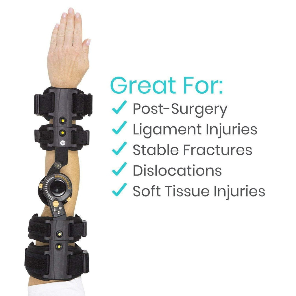 Arm in a black orthopedic brace with text highlighting conditions it's great for on a white background.