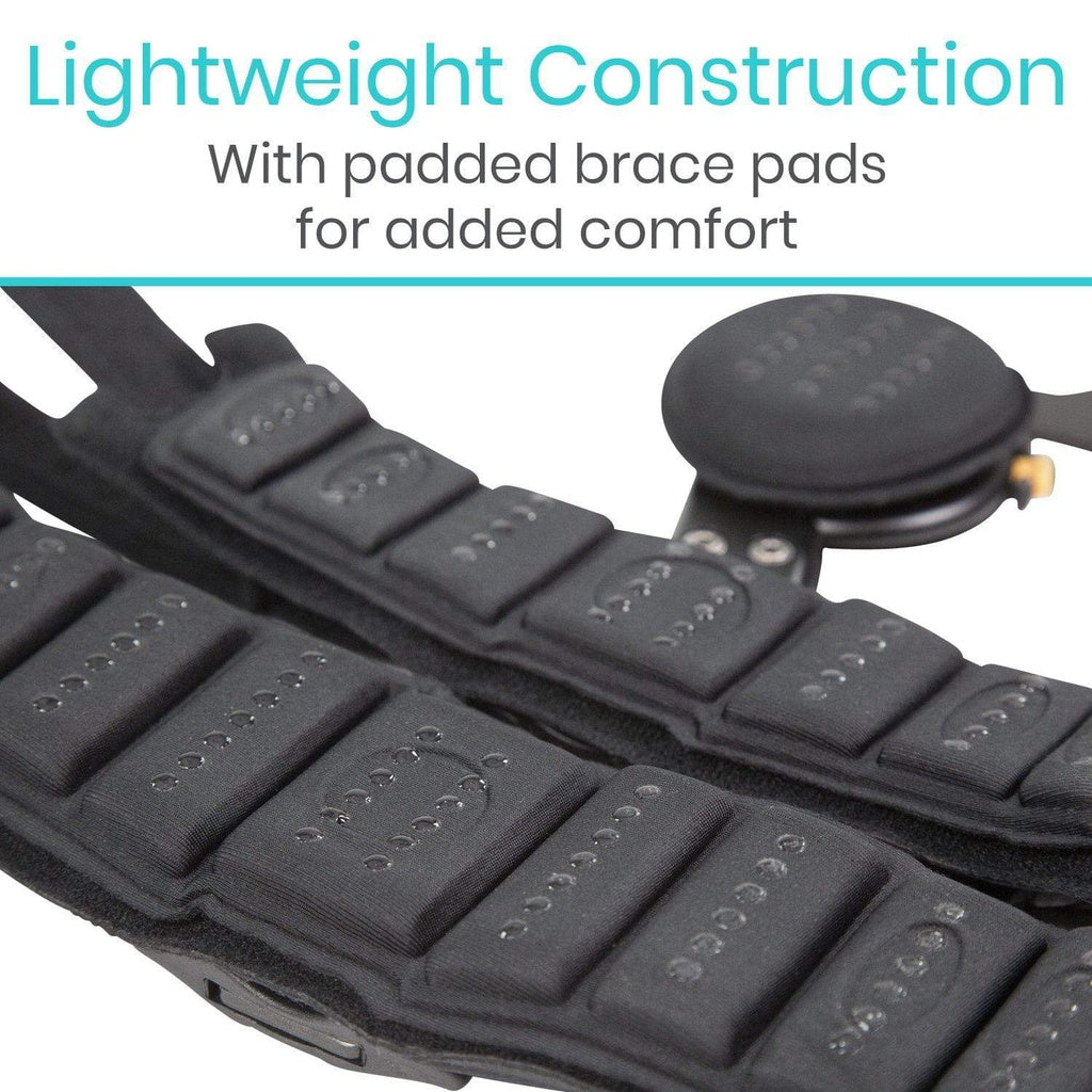 Black orthopedic shoe insert with text about lightweight construction and comfort.