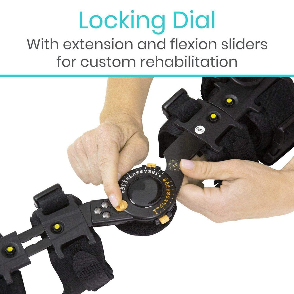 Black rehabilitation device with a locking dial and extension sliders, being adjusted by hands on a white background.