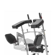 A medical walker with black padded armrests, footrests, and backrest on a silver metal frame, shown against a plain white background.