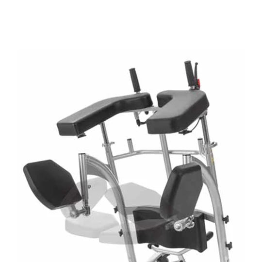 A medical walker with black padded armrests, footrests, and backrest on a silver metal frame, shown against a plain white background.