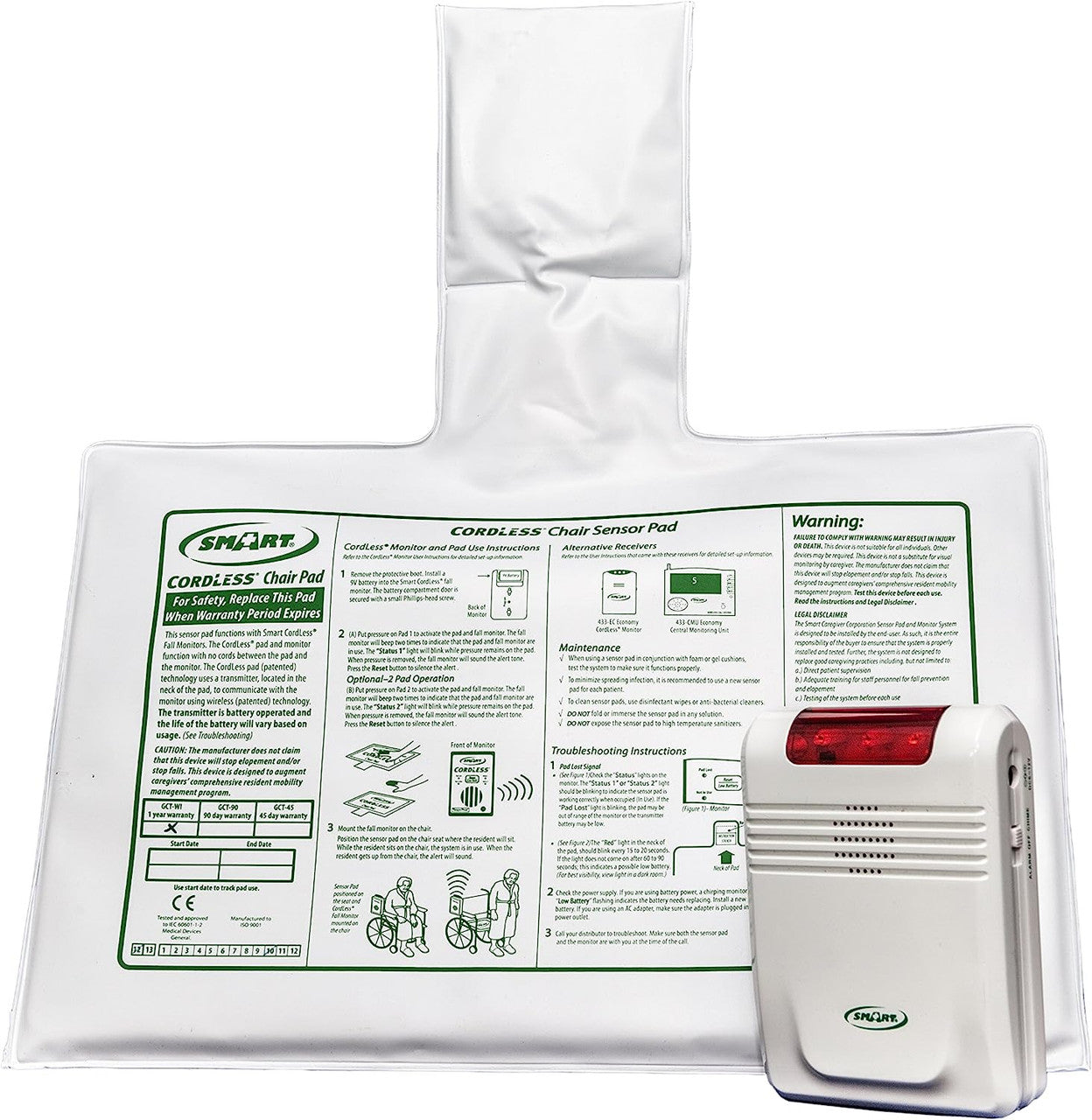 SpliFit cordless chair pad with packaging and warning label on a white background