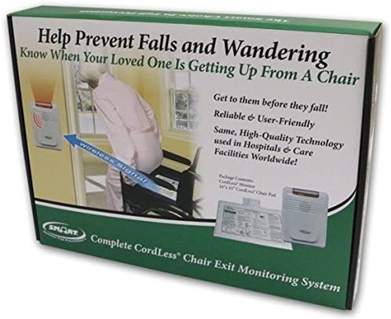 Box for a chair exit monitoring system with text on preventing falls and wandering.