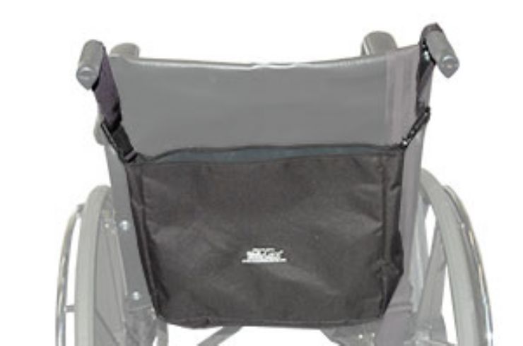 Wheelchair with a black bag attached on a white background
