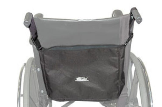 Wheelchair with a black bag attached on a white background