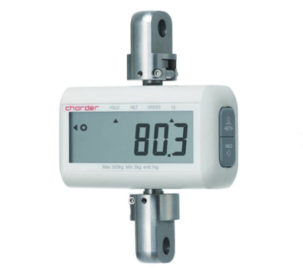 A digital hanging scale with a white housing, silver metal mounting brackets, and a gray LCD screen displaying '80.3'.