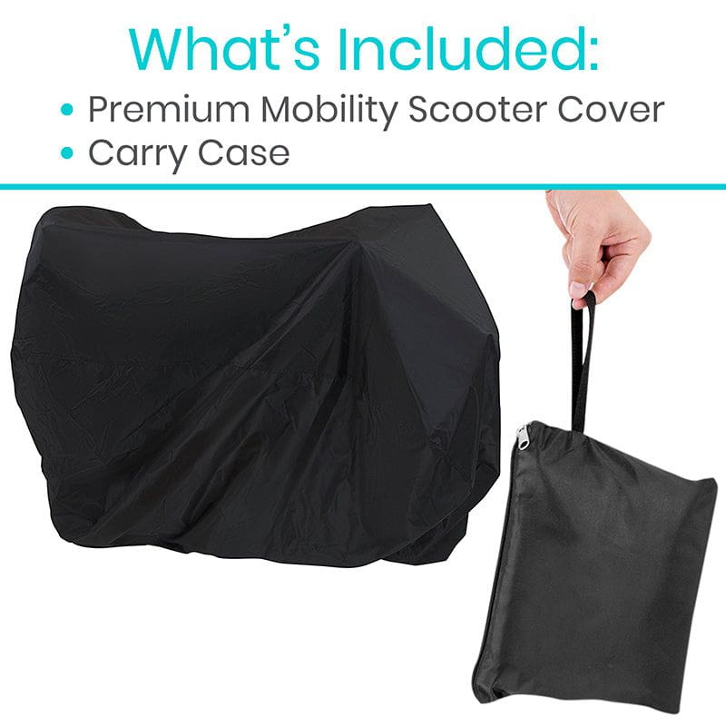 Black mobility scooter cover and carrying case with text 'What's Included: Premium Mobility Scooter Cover Carry Case' on a white background.