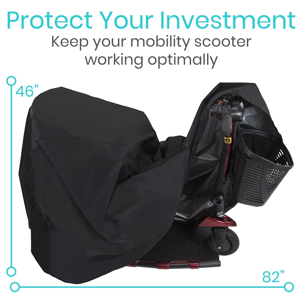 Mobility scooter with a black cover, dimensions indicated, and text 'Protect Your Investment'.