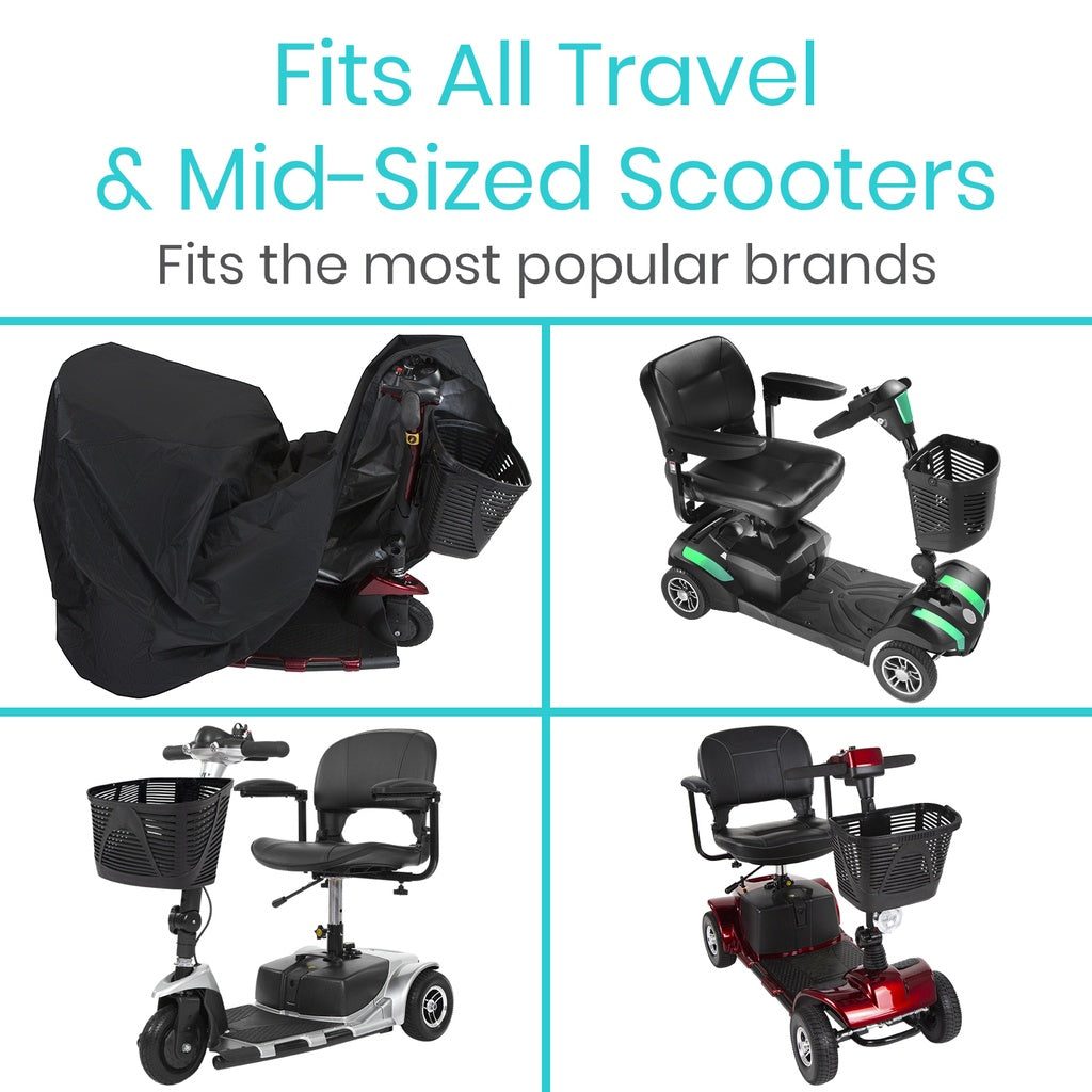 Black scooter cover shown on various travel and mid-sized scooters with text indicating compatibility.