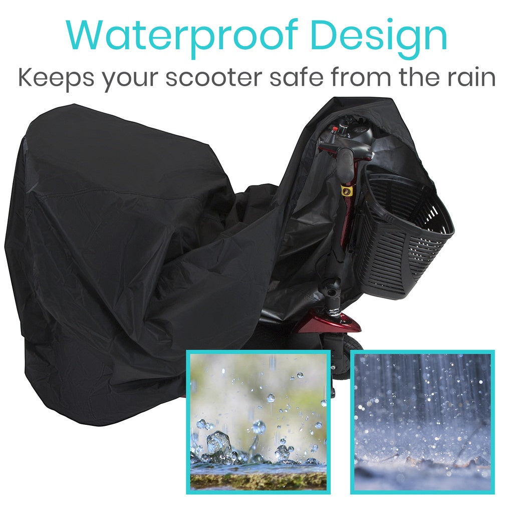 Black scooter cover with waterproof design feature on a white background
