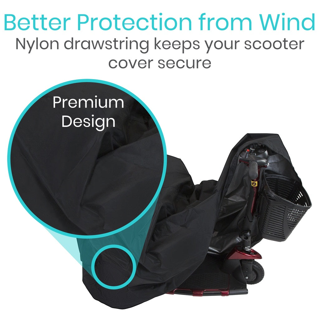 Scooter cover with text about better protection from wind and secure nylon drawstring.
