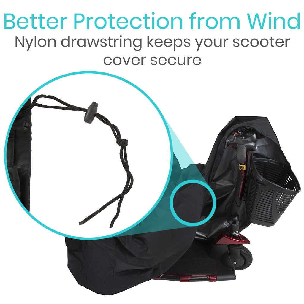 Scooter cover with a drawstring for secure protection against wind, on a white background.