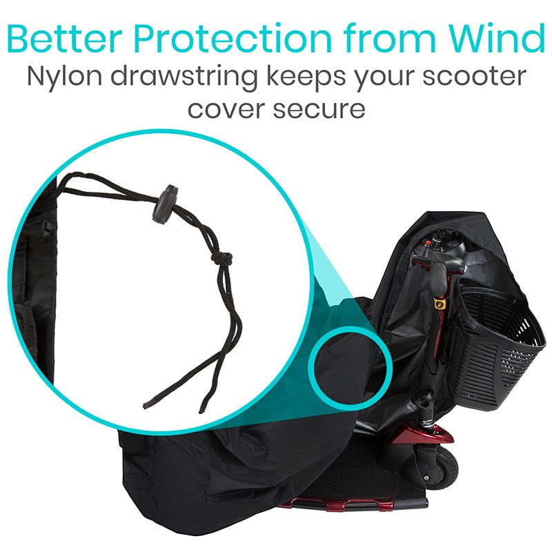 Scooter cover with a drawstring for secure protection against wind, on a white background.