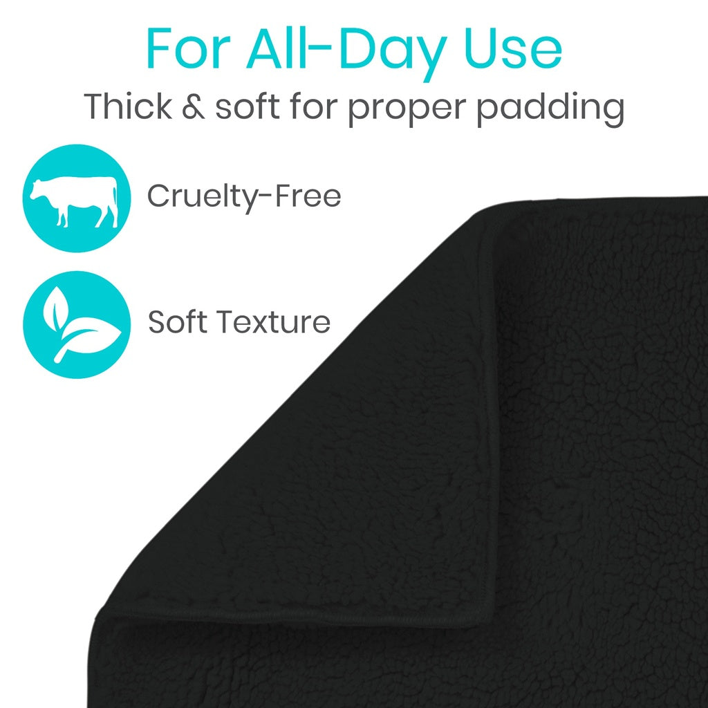 Black textured product with text and icons indicating 'For All-Day Use', 'Thick & soft for proper padding', 'Cruelty-Free', and 'Soft Texture'.