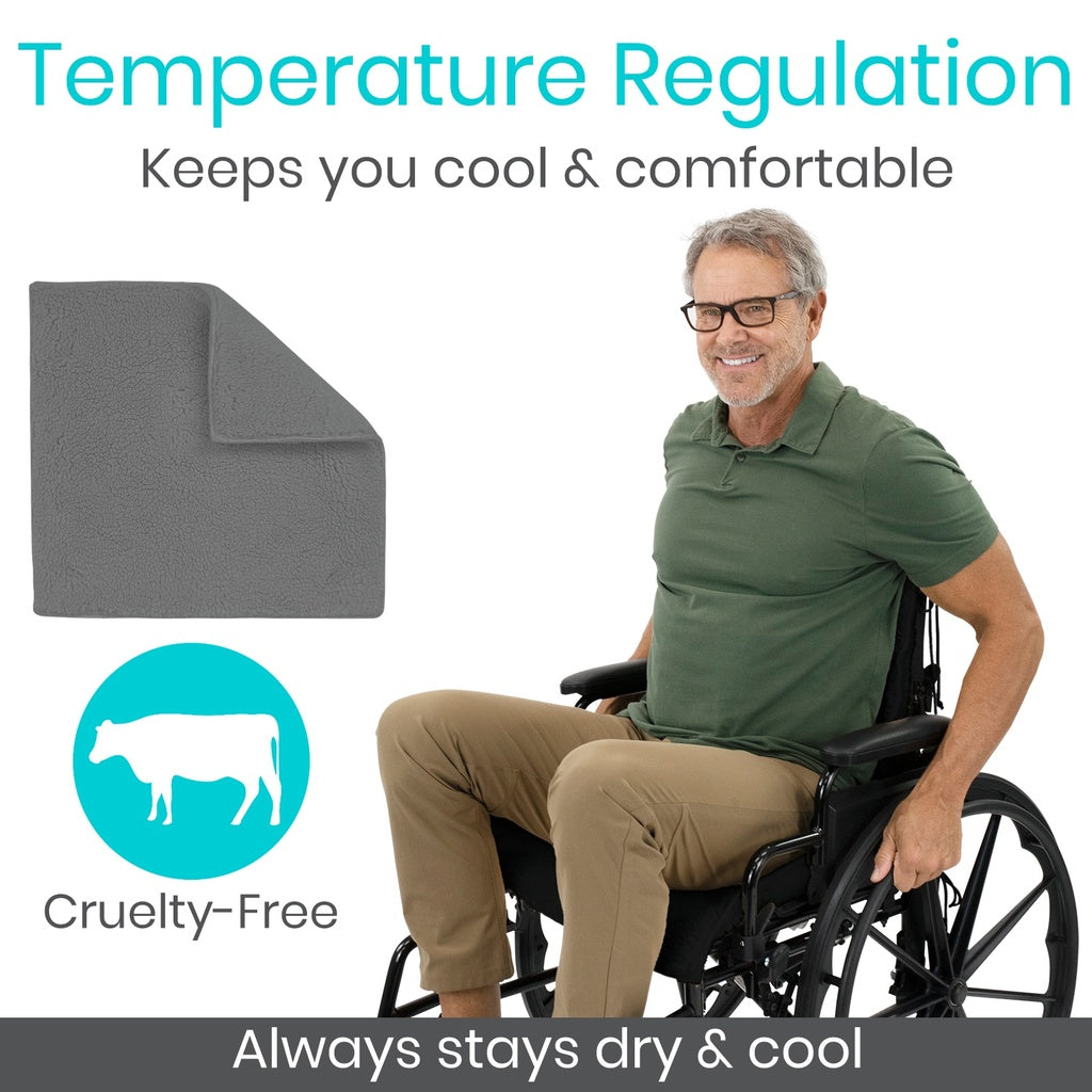 Man in a wheelchair with temperature regulation product and text on a white background