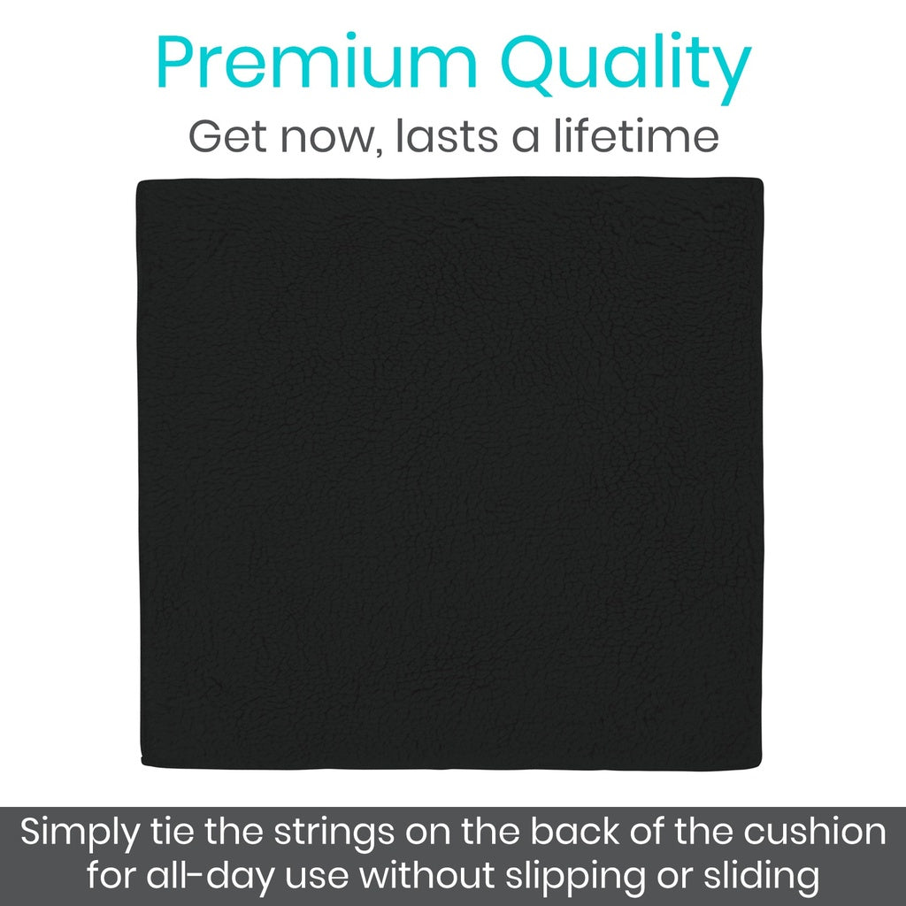Black cushion with text about premium quality and durability on a white background