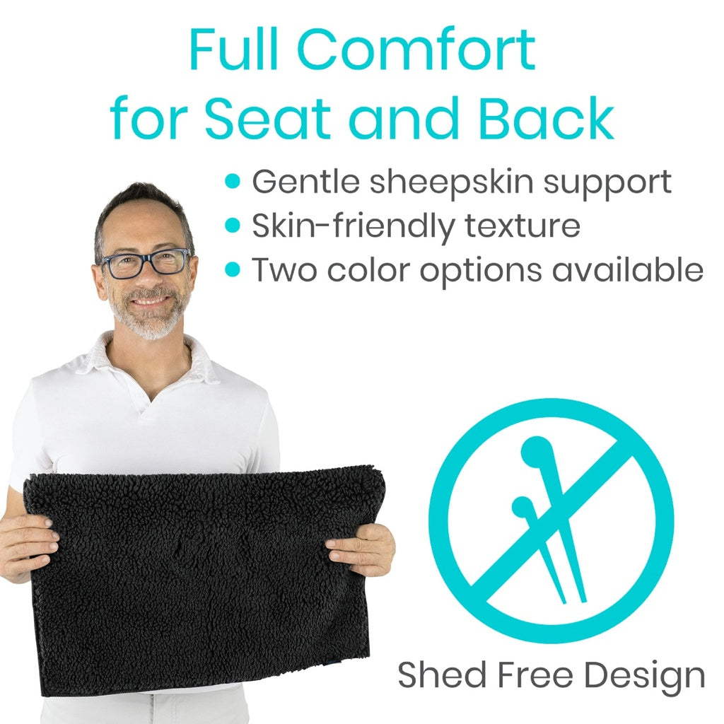 Man holding a black sheepskin seat cover with text about comfort and features on a white background