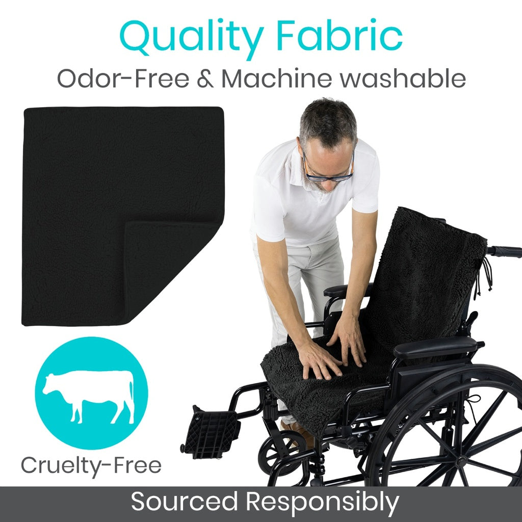 Person adjusting a black fabric cover on a wheelchair with text about quality, odor-free, machine-washable, cruelty-free, and responsible sourcing.