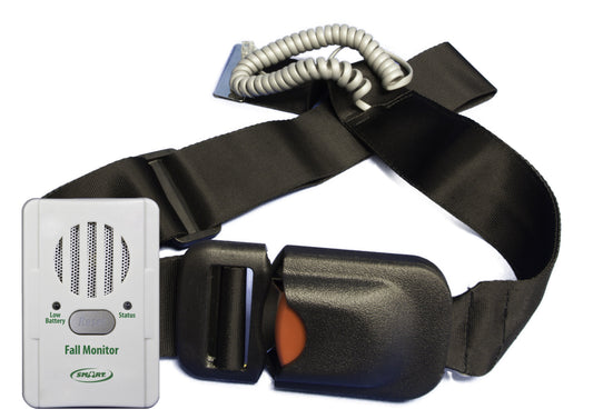 Fall monitor with black belt and white device on a white background