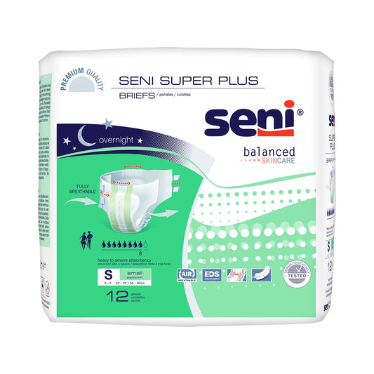 Pack of Seni Super Plus briefs with branding and product information on a white background