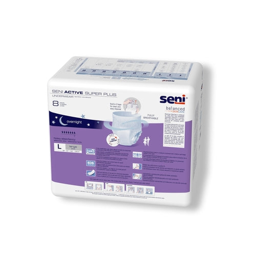 Pack of Seni Active Super Plus overnight underwear packaging on a white background